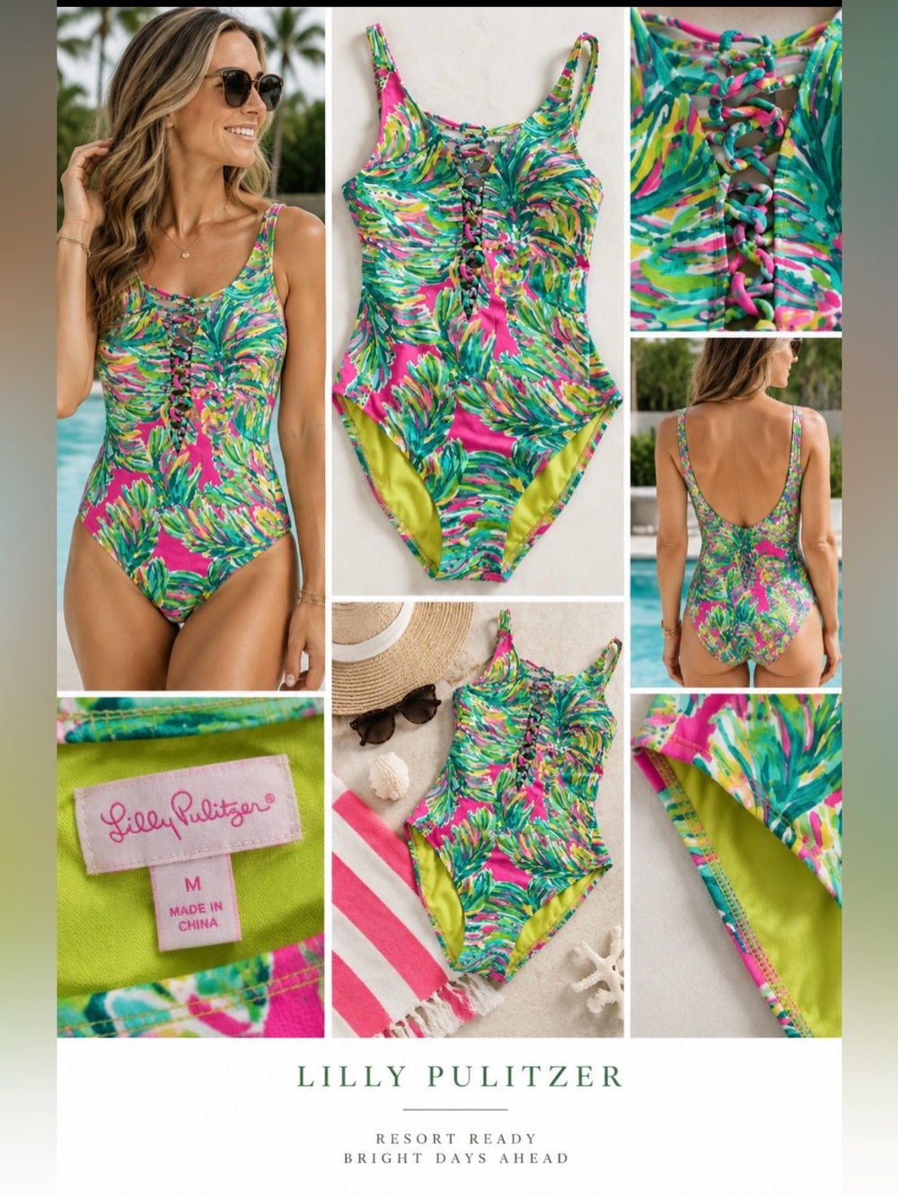 Lilly Pulitzer woman’s One-Piece Swimsuit in Bright Pink & Green Tropical Print